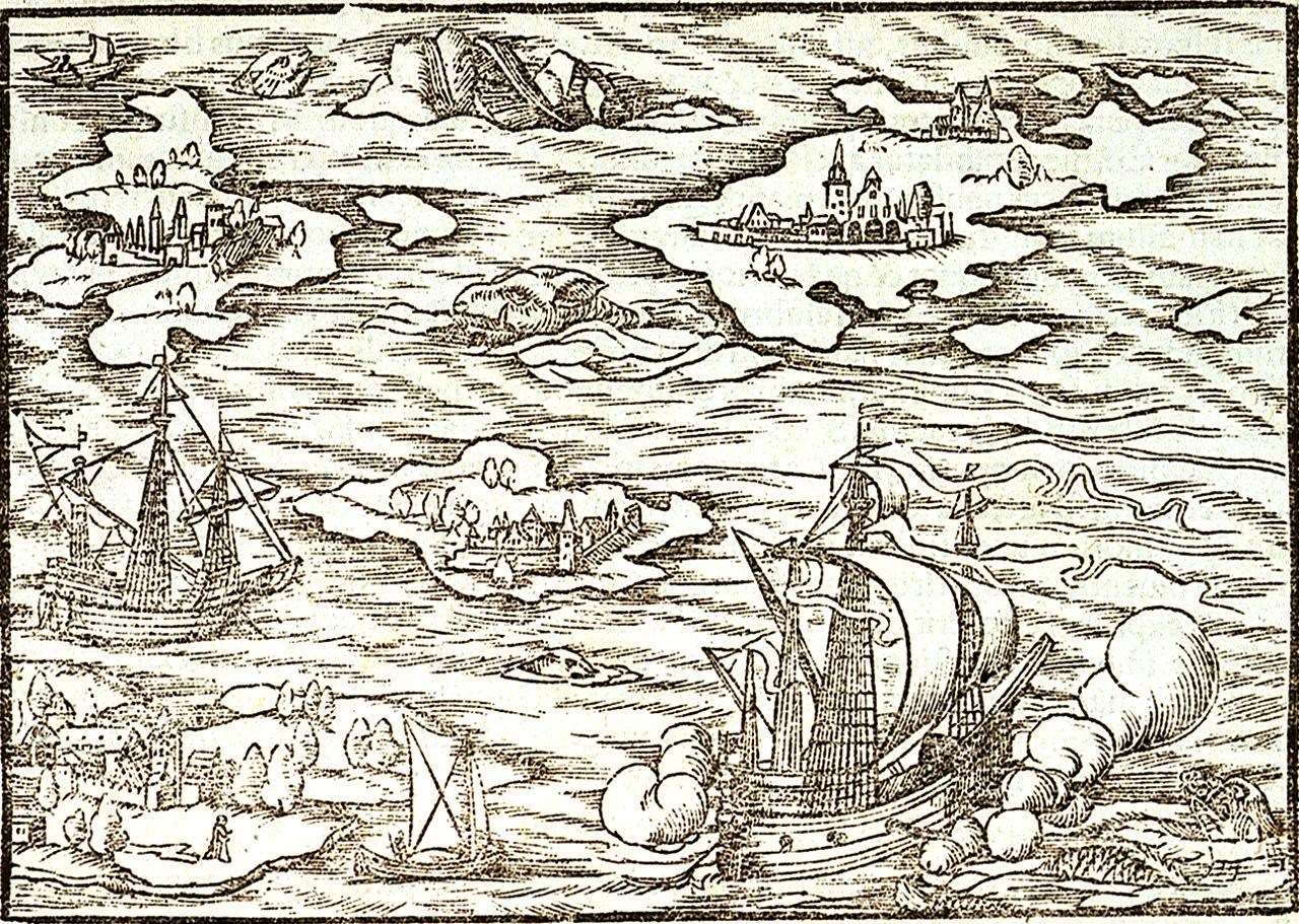 Woodcut illustration depicting sailing ships travelling between inhabited islands. One vessel is firing its canons at a sea creature