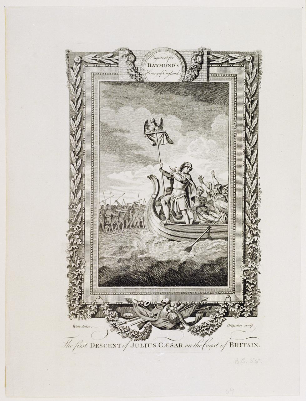 Print of Julius Caesar arriving in Britain, showing him standing in a boat holding a Roman standard approaching the land with armed Britons ready to greet him.