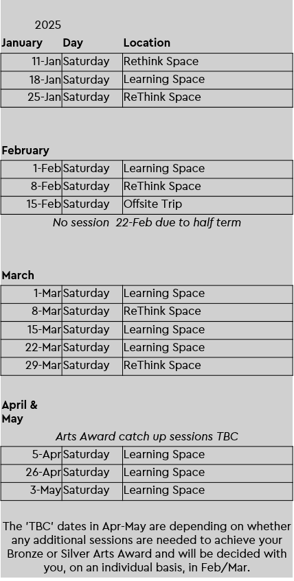 table of dates for saturday art club please email youngpeople@rmg.co.uk