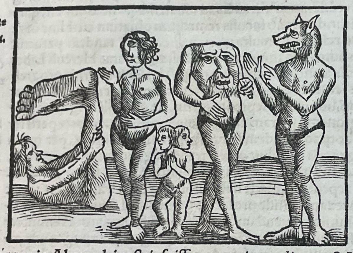 Woodcut illustration from Cosmographia featuring a person with a large foot, a cyclops, another with two heads, a man with his face in the torso and a final figure with the head of a dog