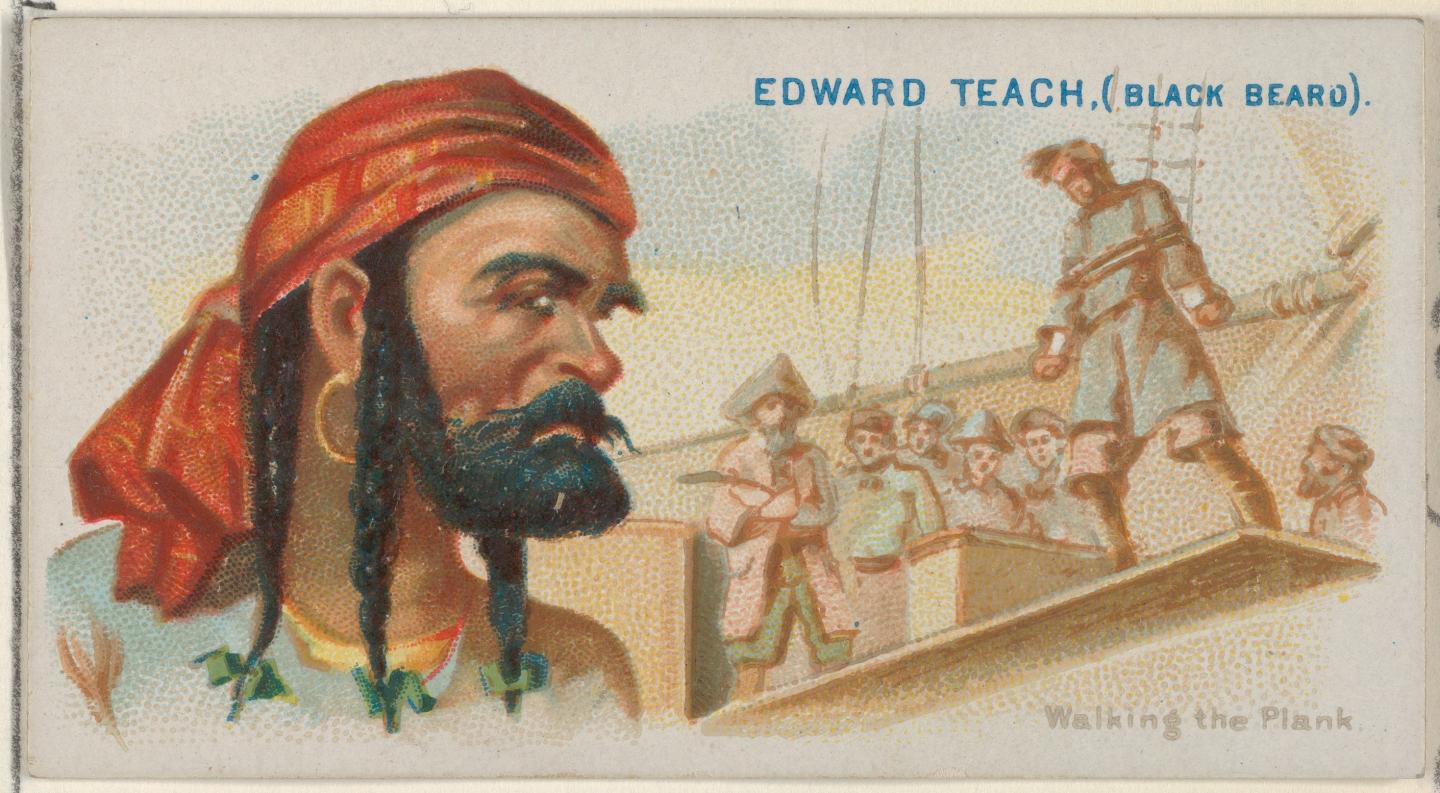 A colour illustration of the pirate Blackbeard from a set of collectible cigarette cards