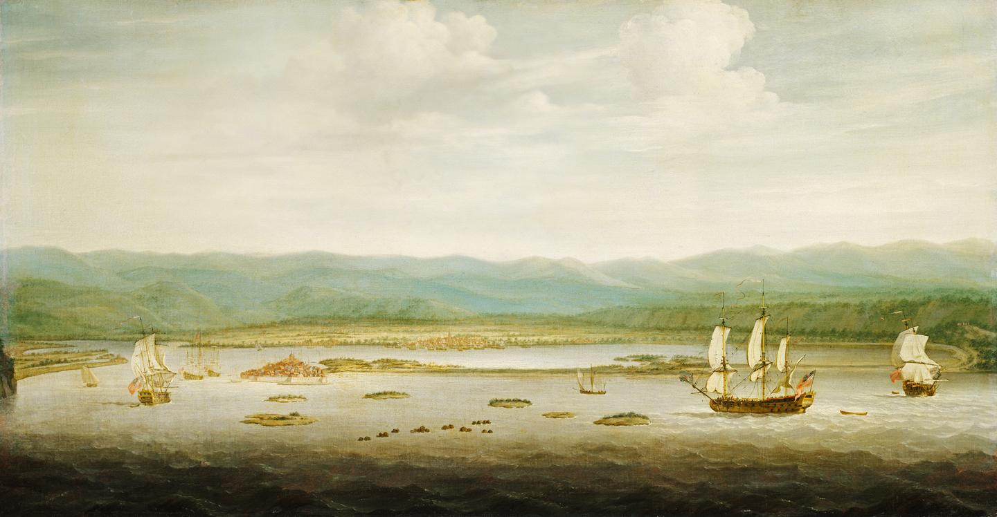 Landscape oil painting showing an aerial view of Port Royal in Jamaica from around 1758. Ships are visible in the foreground, with green hills rising in the distance