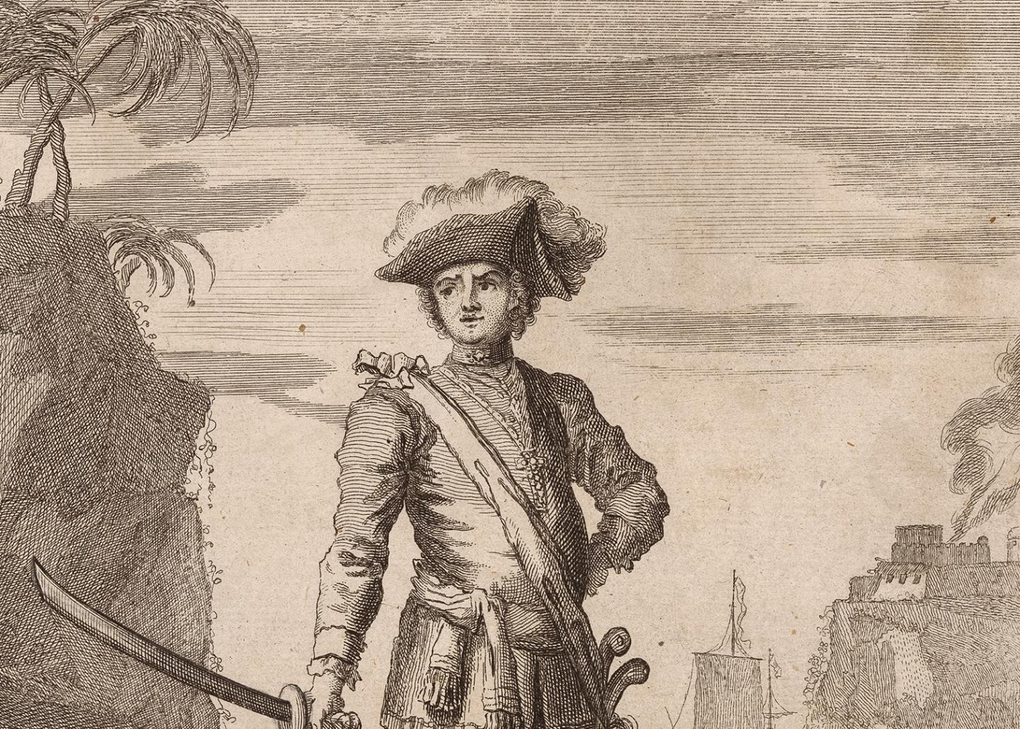 Historic illustration of the pirate Bartholomew Roberts. He is standing dramatically at the shoreline, holding a sword in his right hand and wearing a tricorn captain's hat