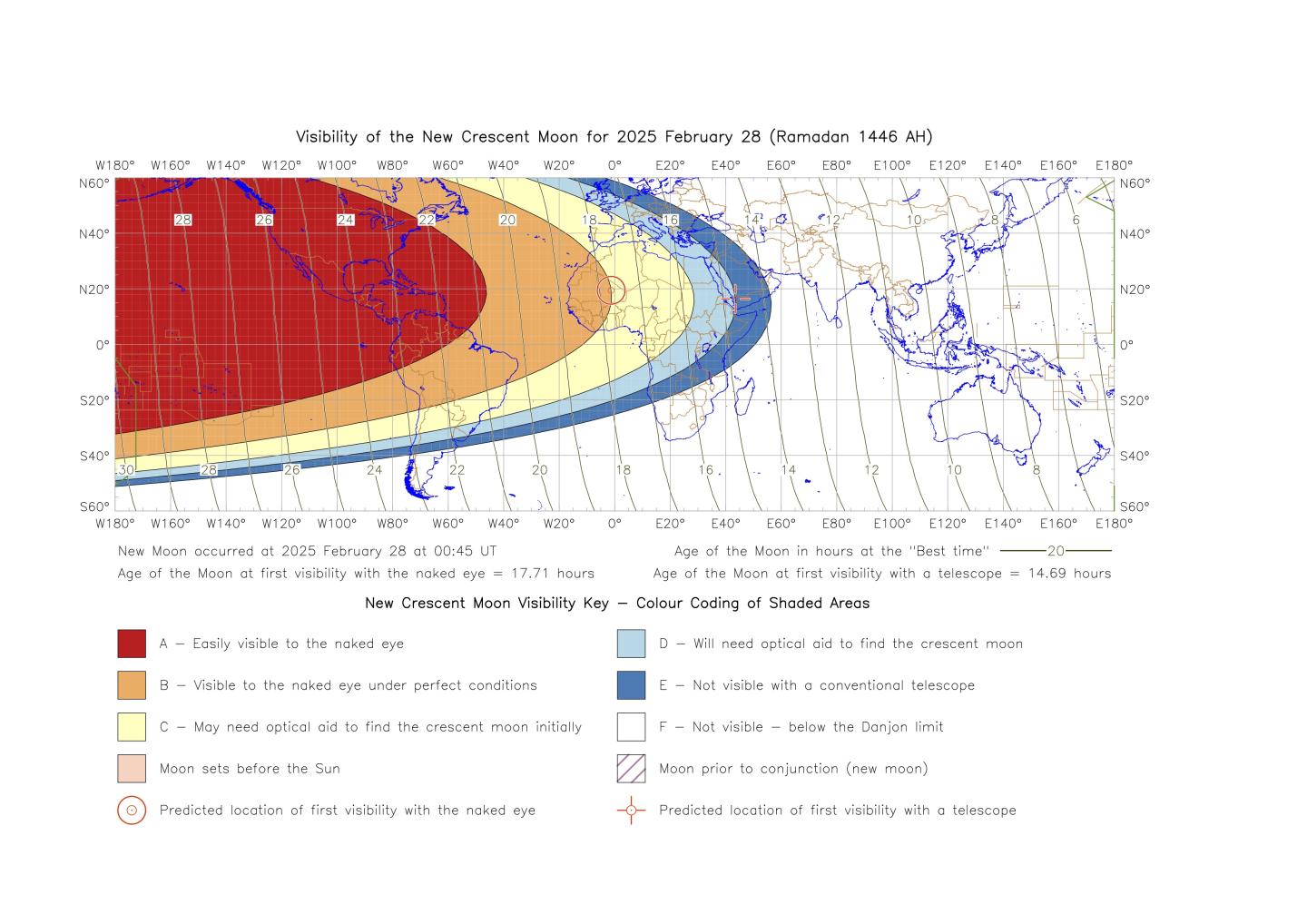 A map showing where the New Crescent Moon will be visible from different parts of the world on 28 February 2025. A large red circle on the left of the map shows where it won't be possible to see the map, with bands of colour identifying likelihood of seeing the Moon using different optical aids