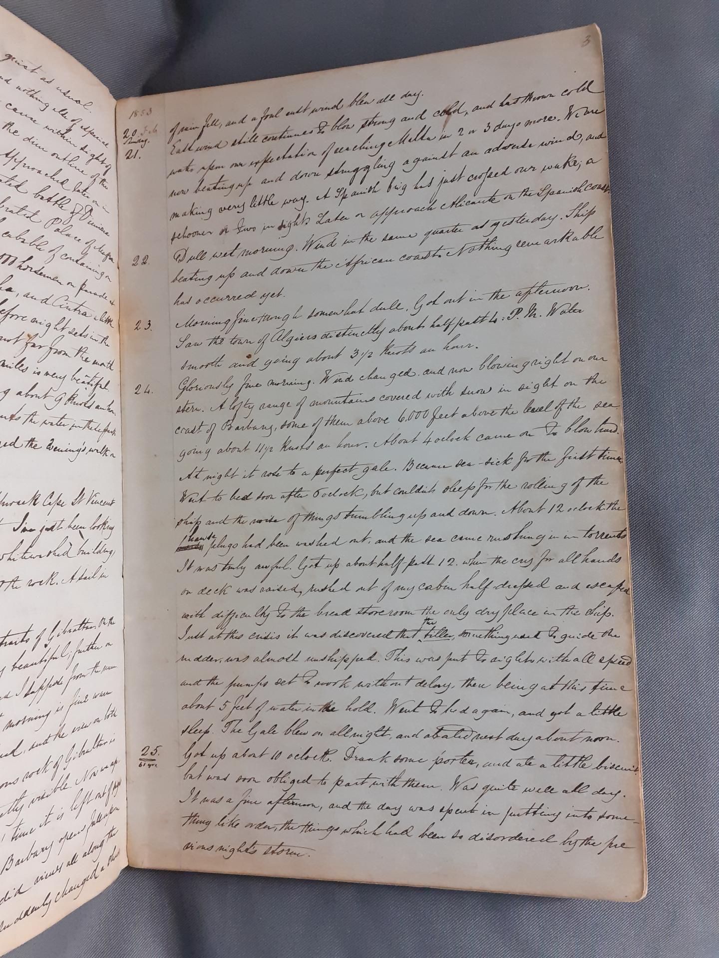 Image of a page from the diary of Reverend Robert Hind of HMS Rodney, 1853-1856.