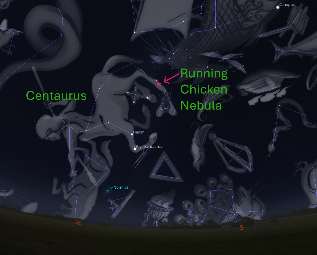 Stellarium screenshot showing Centaurus and the Running Chicken Nebula