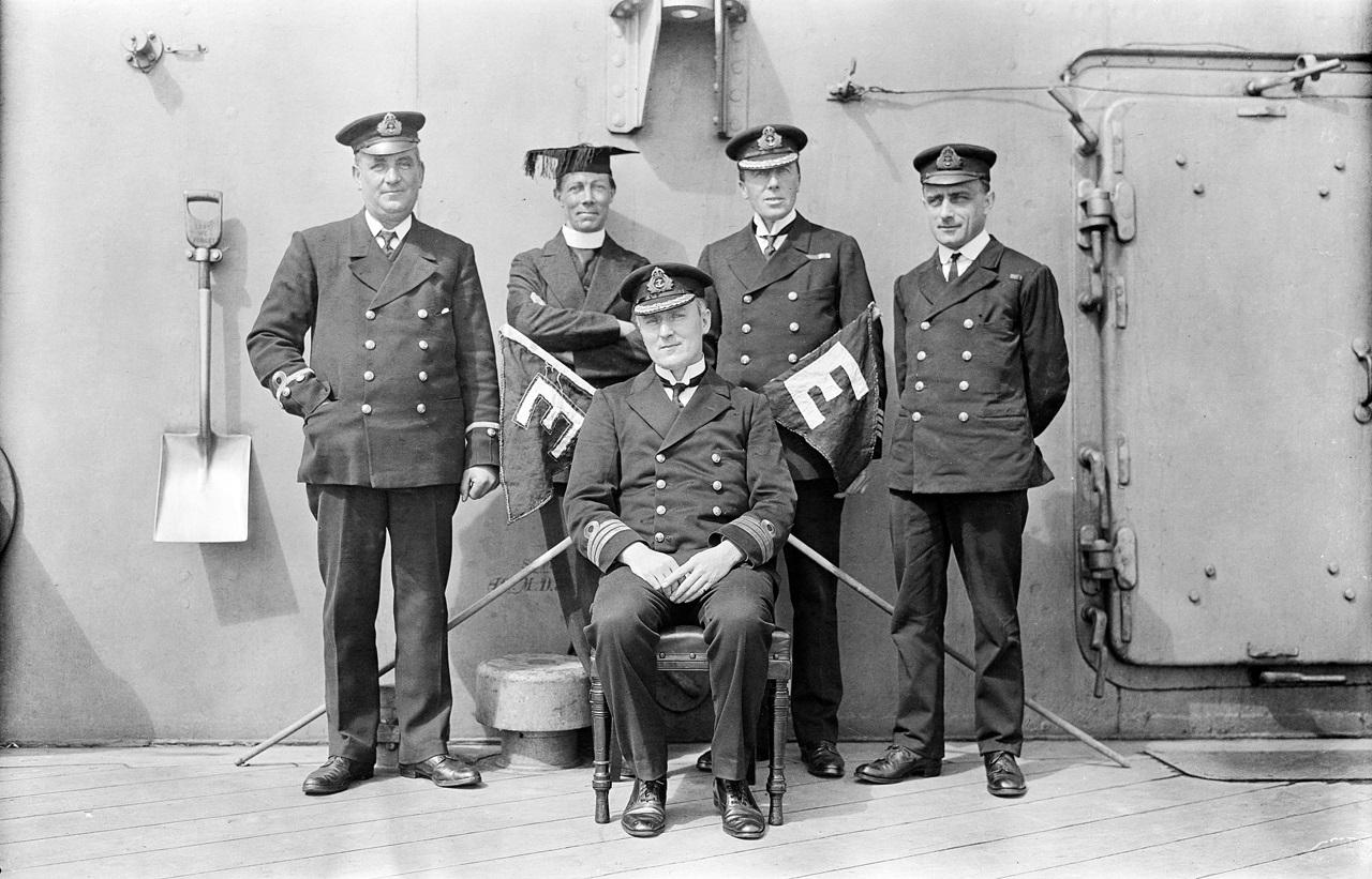 A 1916 group photo of officers from HMS Queen Elizabeth, including chaplain Reverend H. G. Rorison.