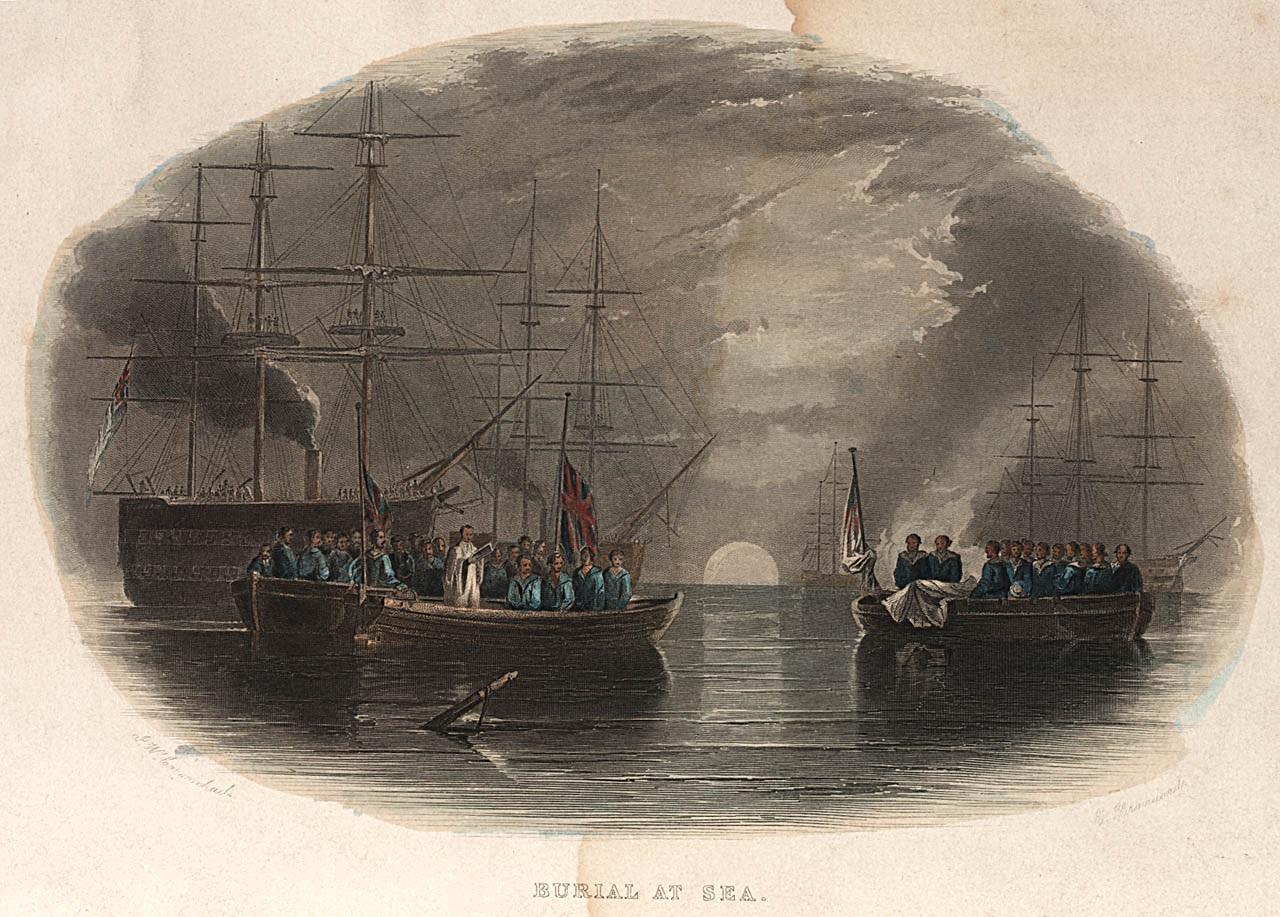 Print of a naval chaplain leading a burial at sea ceremony from two small boats.