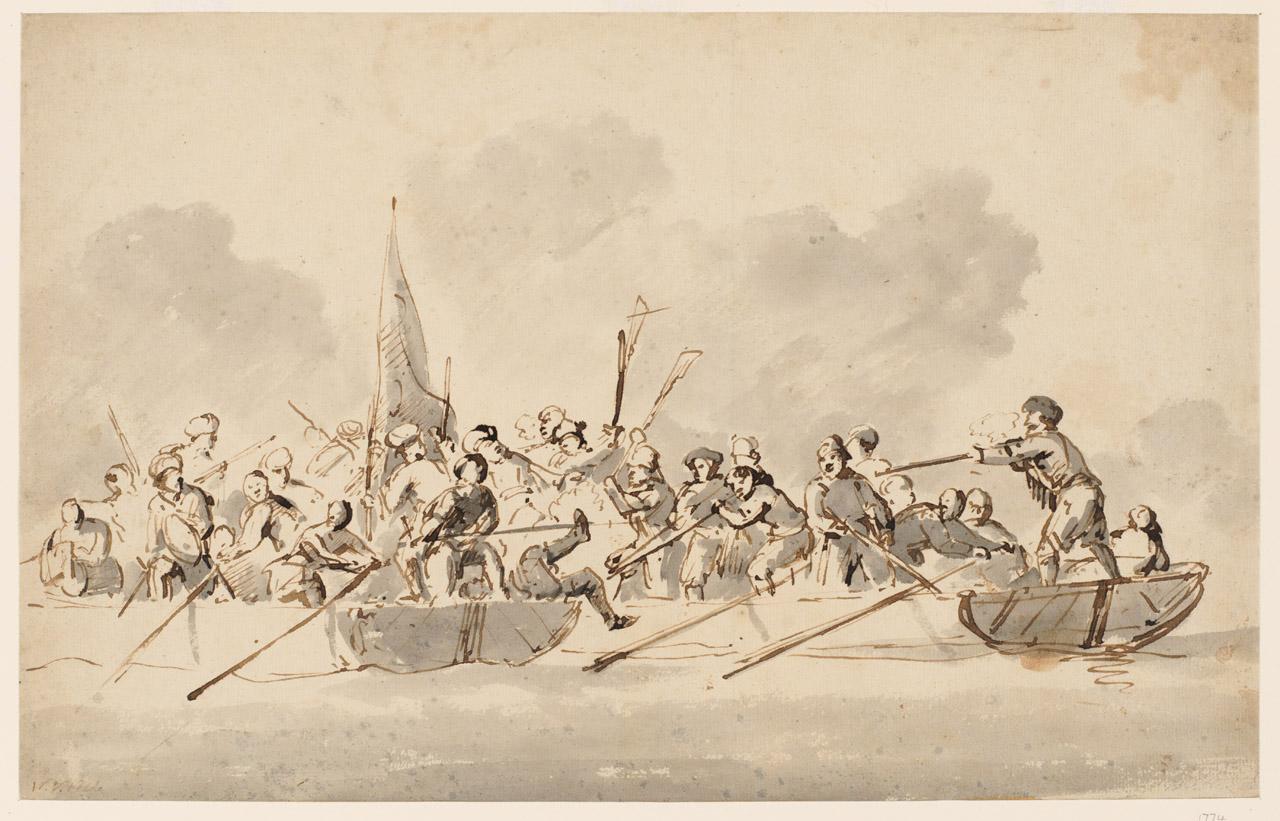 A near view showing on the left a boat with Barbary pirates, one holding an ensign, one with sword and shield, one with a drum and two rowing. A boat crowded with Dutch or English is close alongside to starboard. A man standing up in the stern sheets is shown firing a musket.