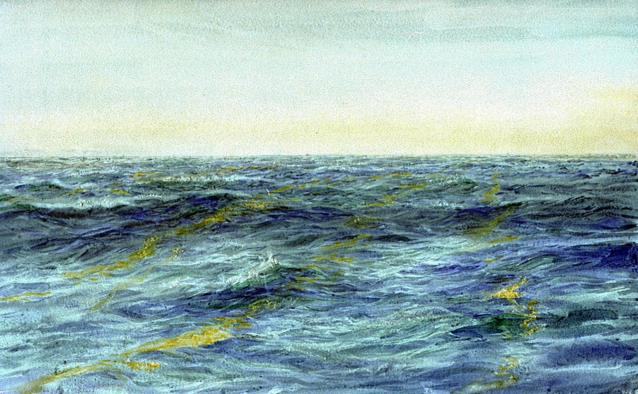 Watercolor painting of a calm ocean with blue waves, golden light, and green bits of Sargasso weed beneath a pale sky.