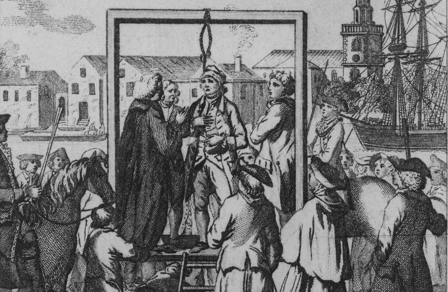 Historic 18th century engraving showing a pirate being hanged. The pirate is in the centre of the image, standing on a platform with a noose around his neck; various people are crowded round him