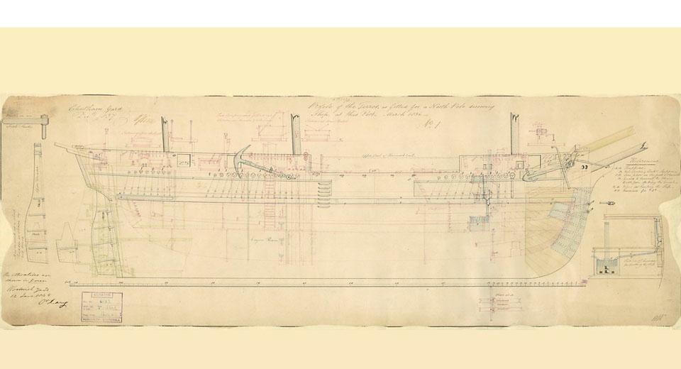 HMS Terror profile showing the 1836 and then 1845 alterations