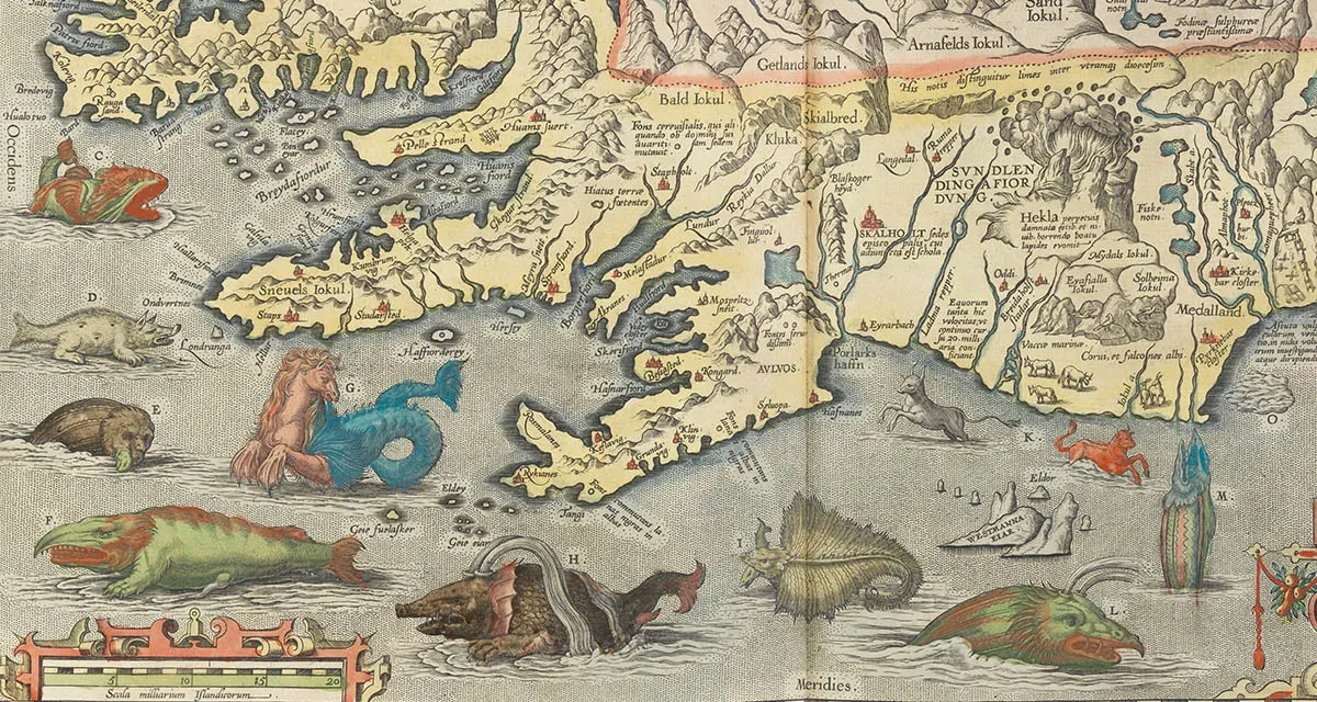 An old, illustrated map of a coastline, with fantastical sea monsters in the ocean.