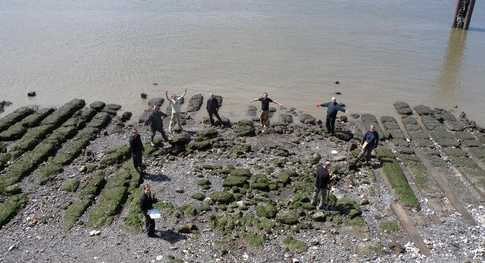 Burrells Wharf. Great Eastern slipway showing impact area of V1 flying bomb strike